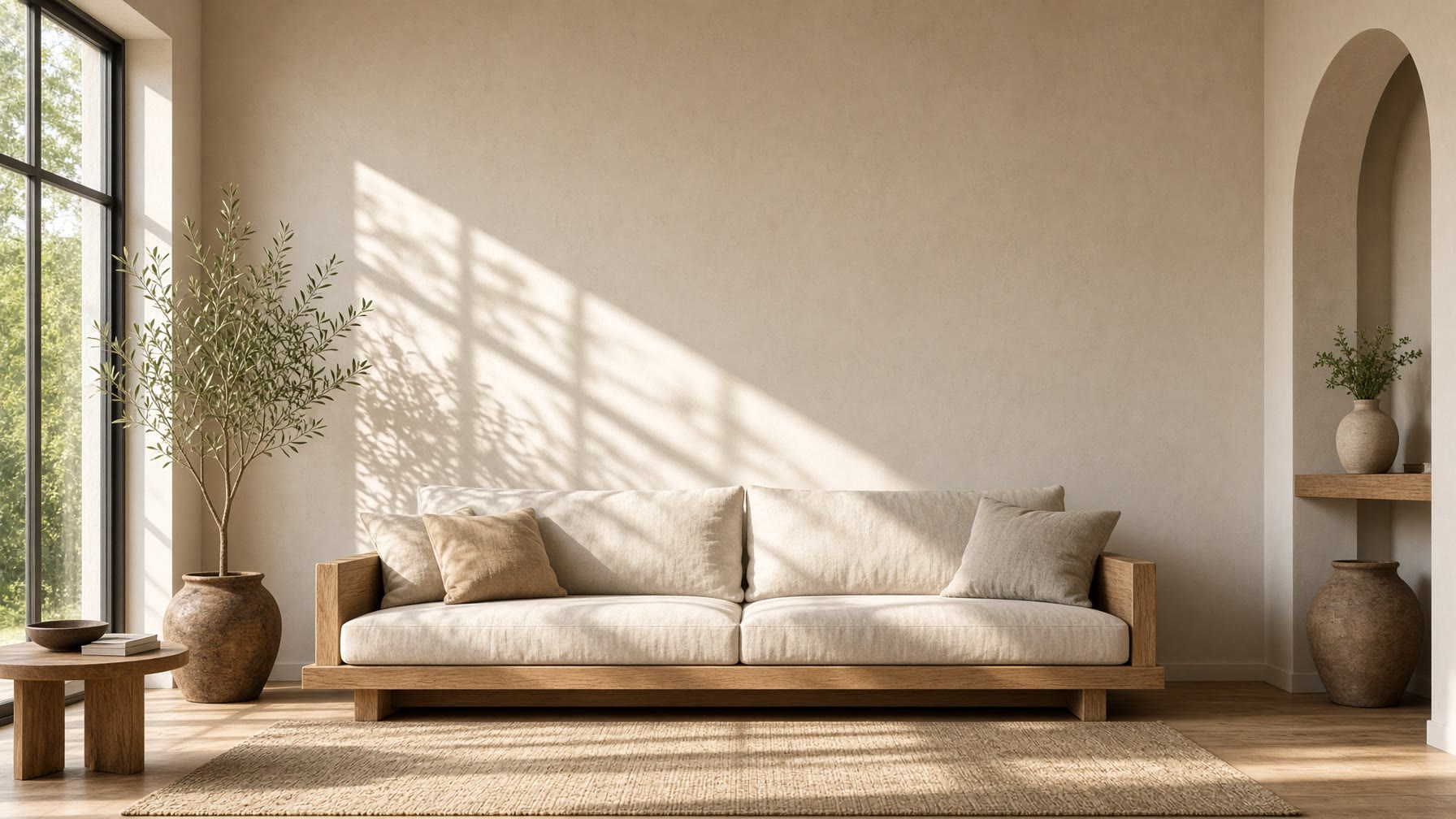 A living room with a large print