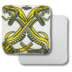 Ultra Cornhole Viper-X Corn hole bean bags 2026 ACL Pro White and Yellow herringbone carpet