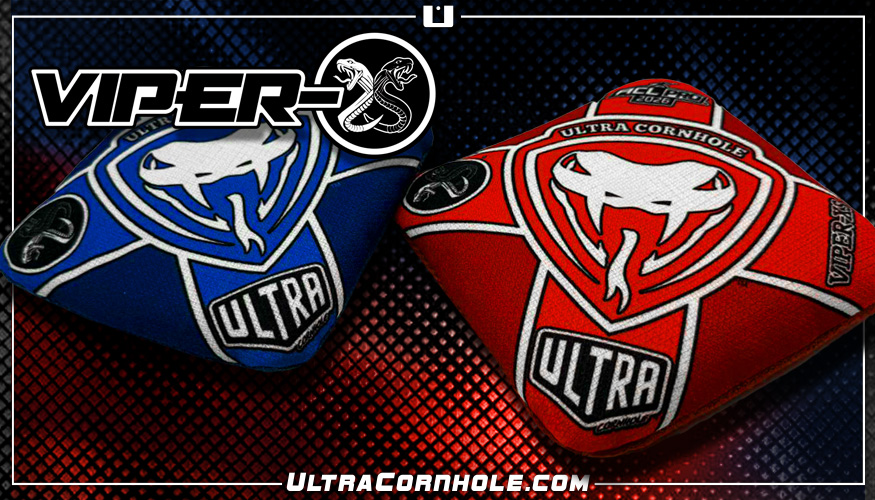 Ultra Cornhole Viper-XS Corn hole bean bags 2026 ACL Pro Blue and Red banner